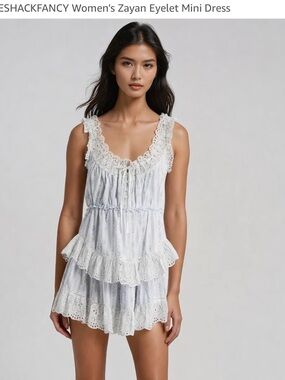 LoveShackFancy Sky Bonnet Blue Eyelet Tiered Mini Dress